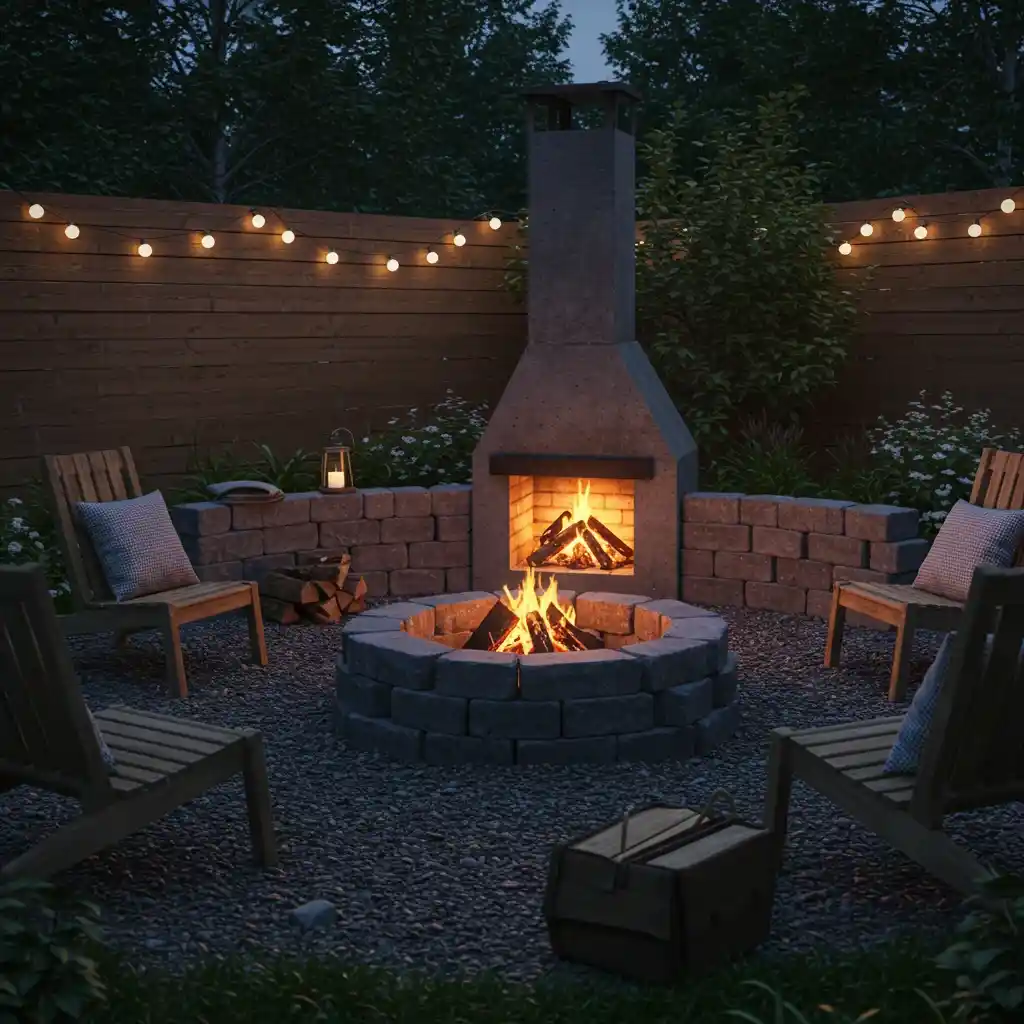 A cheap and easy DIY fire pit made from stacked concrete pavers in a backyard.