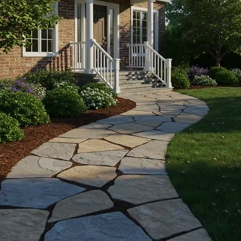 A classic, low-maintenance front walkway made of durable, irregular flagstone pavers.