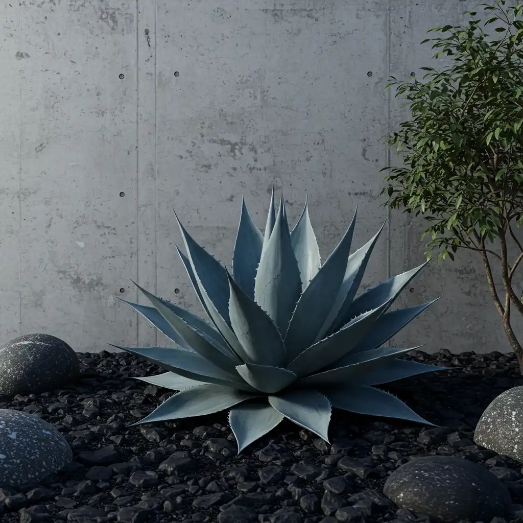 A single, large, sculptural Agave plant used as a focal point in a modern, minimalist garden.