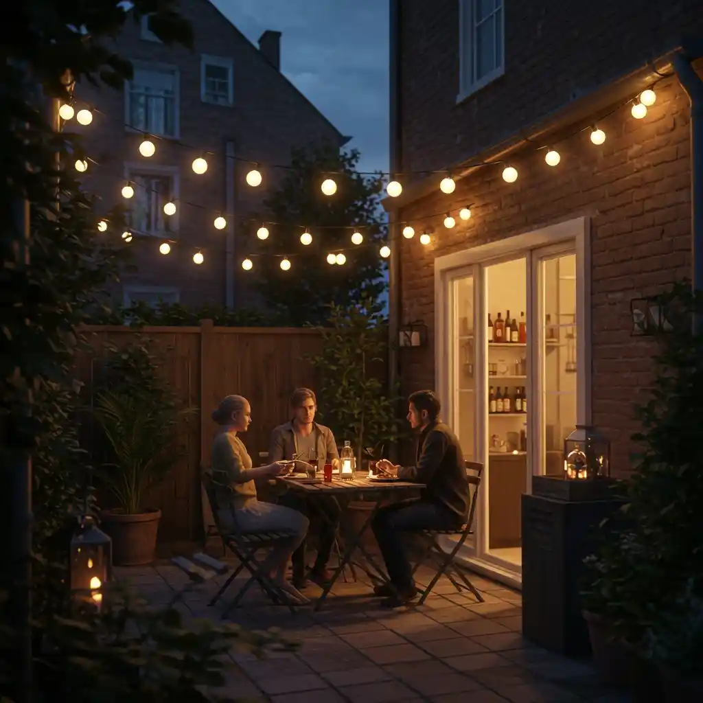 Magical globe string lights creating a cozy canopy over a small backyard patio at night.