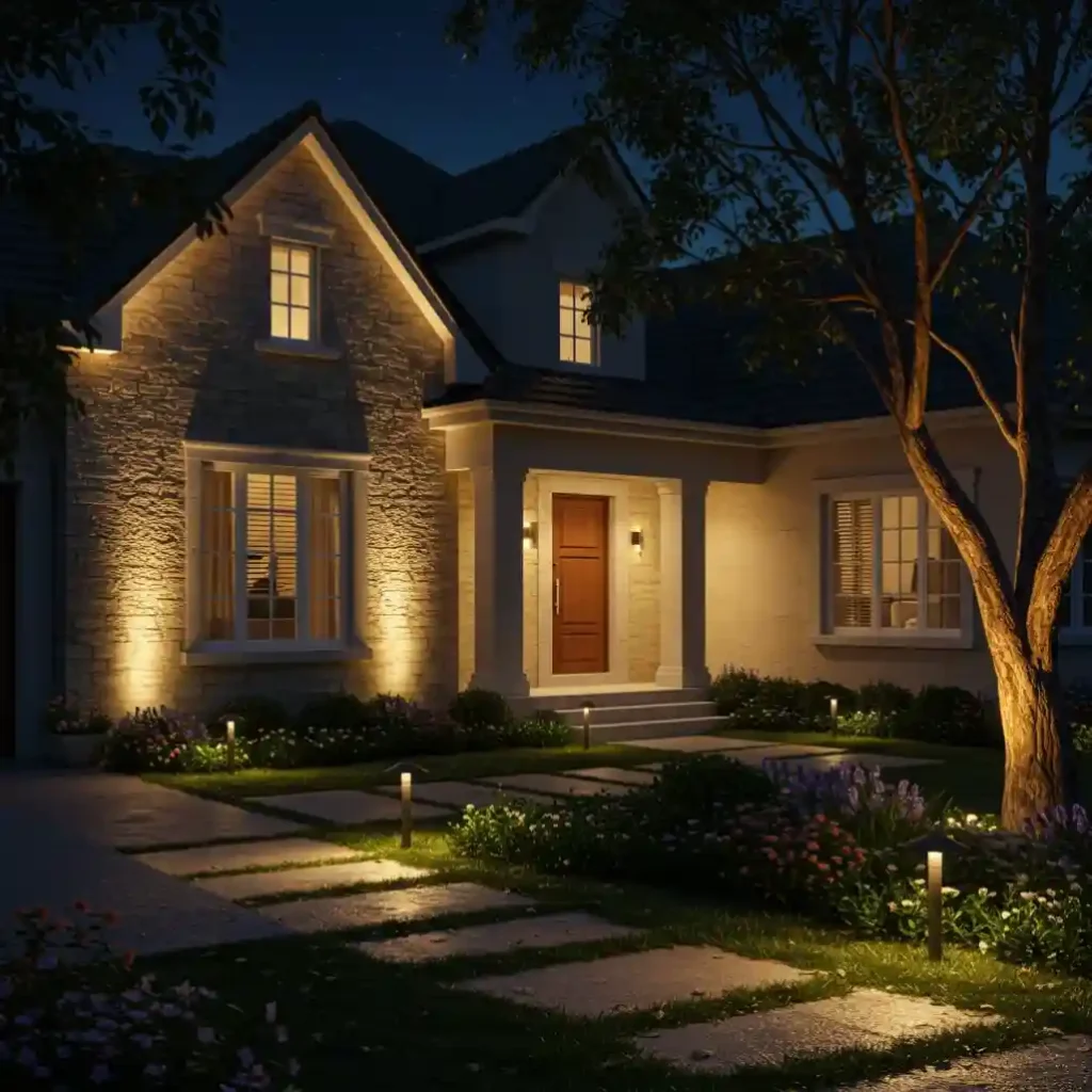 A home with great curb appeal at night due to a beautiful, low-voltage landscape lighting system.