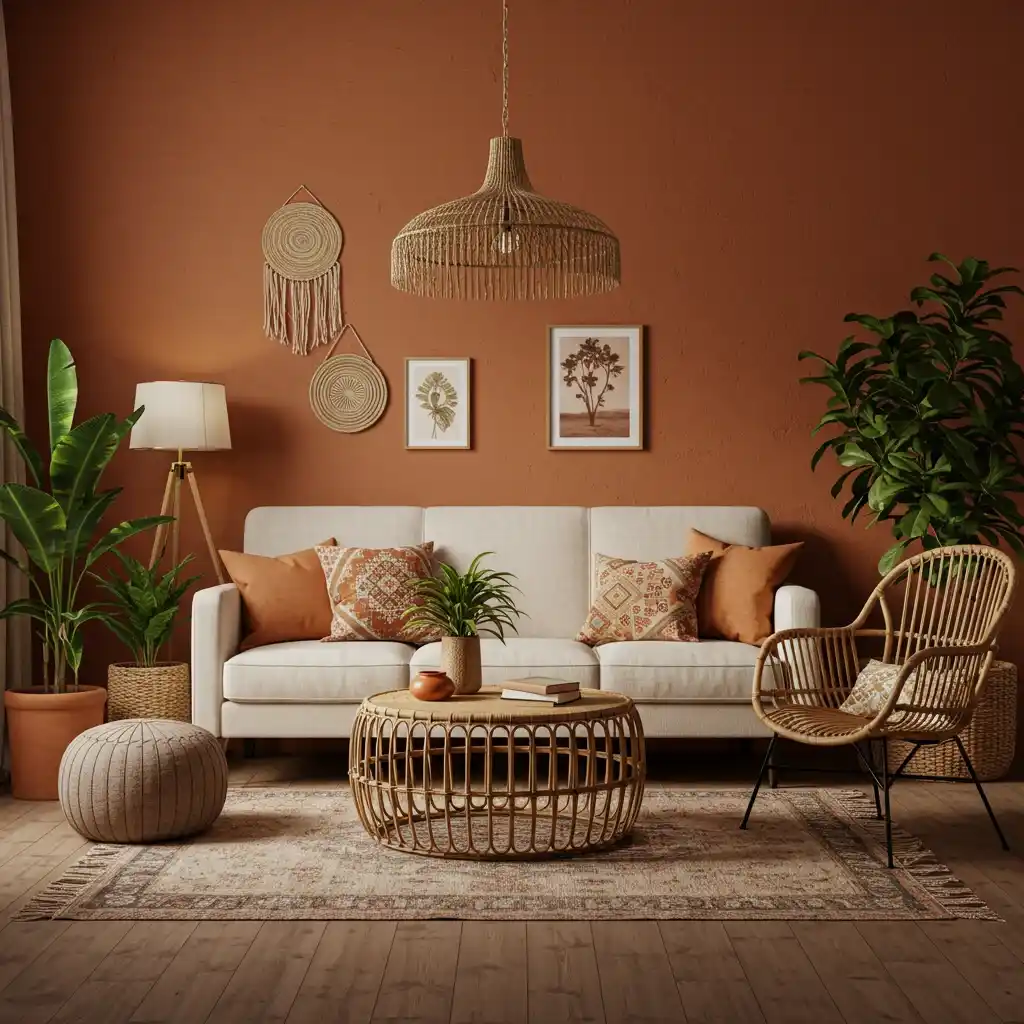 A warm, bohemian living room featuring earthy, terracotta-colored walls and natural textures.