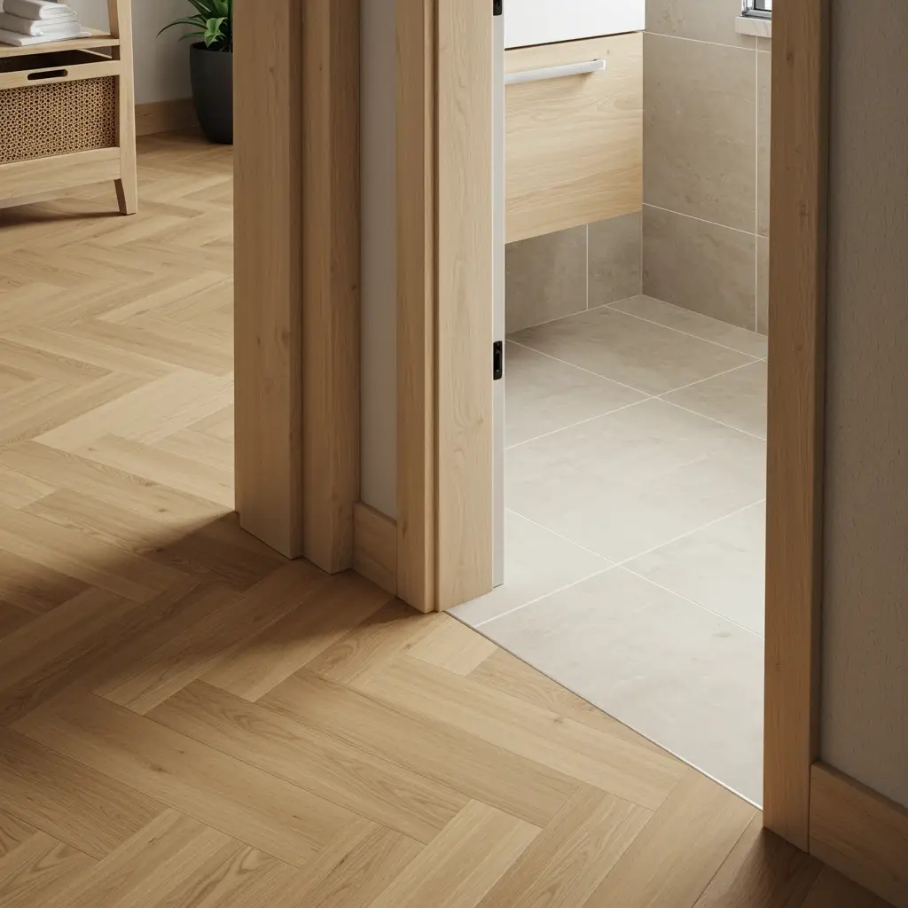 Continuous flooring from hallway into a small bathroom, creating a seamless and spacious transition.