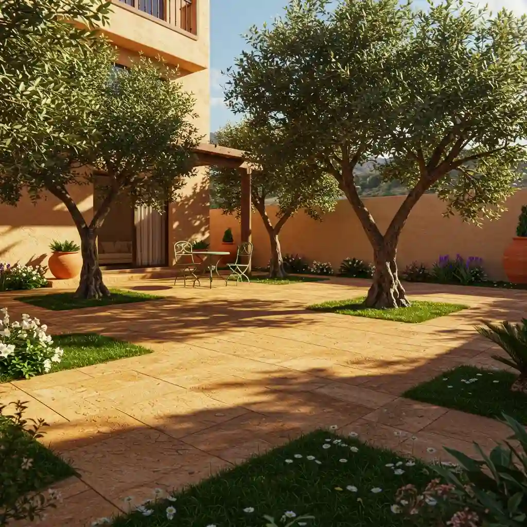 A beautiful, grass-free front yard designed as a decomposed granite courtyard with olive trees.
