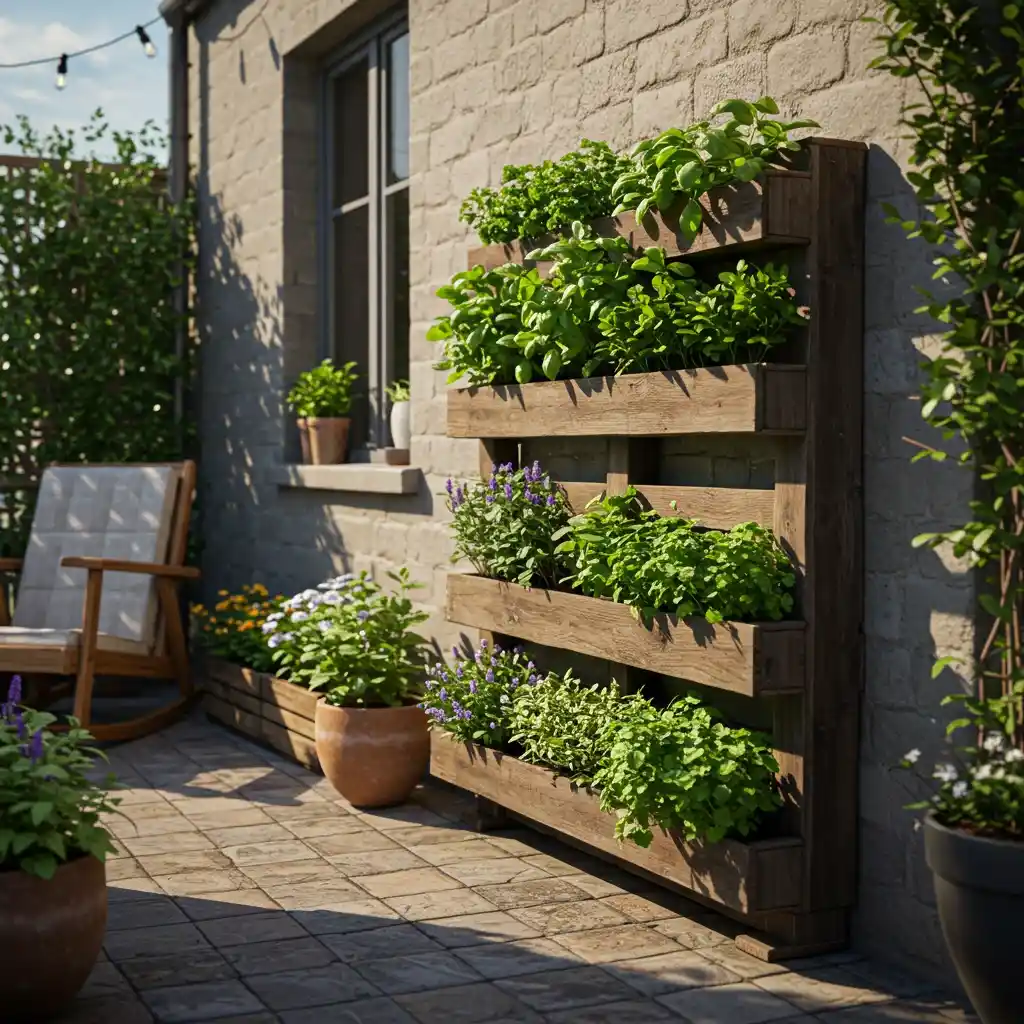 A creative and cheap backyard idea showing an upcycled wooden pallet used as a vertical herb garden.