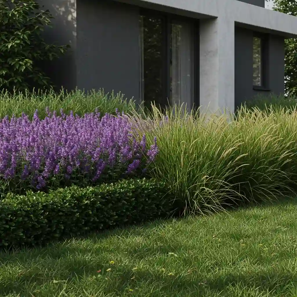 A low-maintenance front yard design using a limited plant palette planted in large, dramatic masses.