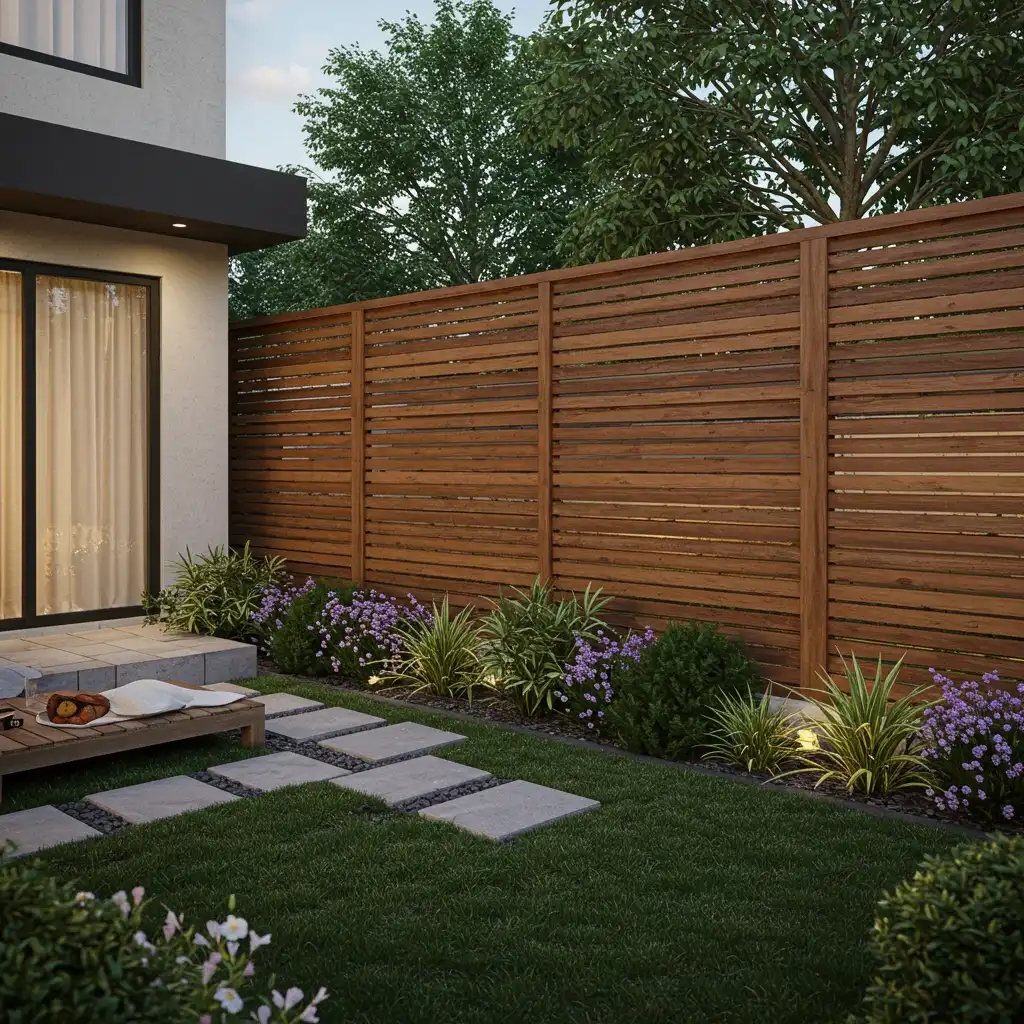 A modern garden with a stylish horizontal slat wood fence providing privacy and a clean backdrop.