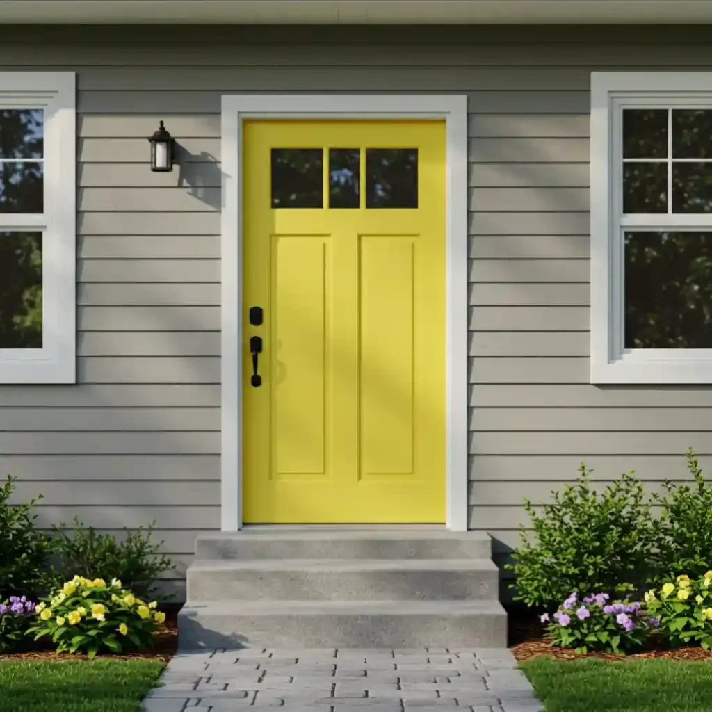 A stunning curb appeal idea: a bold, sunny yellow front door on a neutral-colored house.