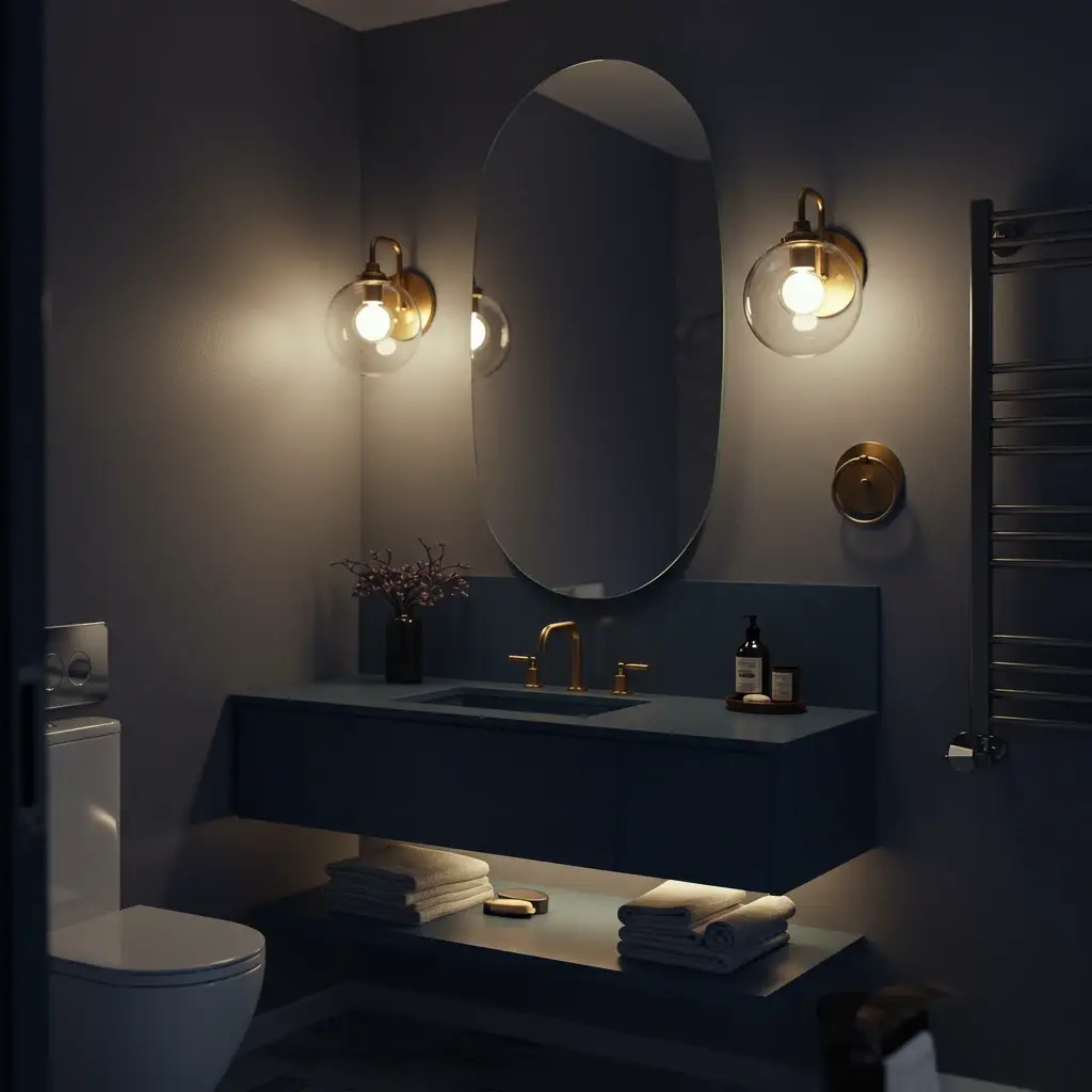 A small mid-century modern bathroom showcasing a layered lighting scheme with warm sconces and under-vanity light.