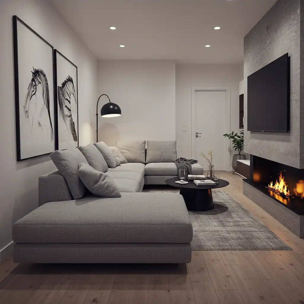 A smart layout using an L-shaped sectional to define a seating area and create a corner in a long living room.