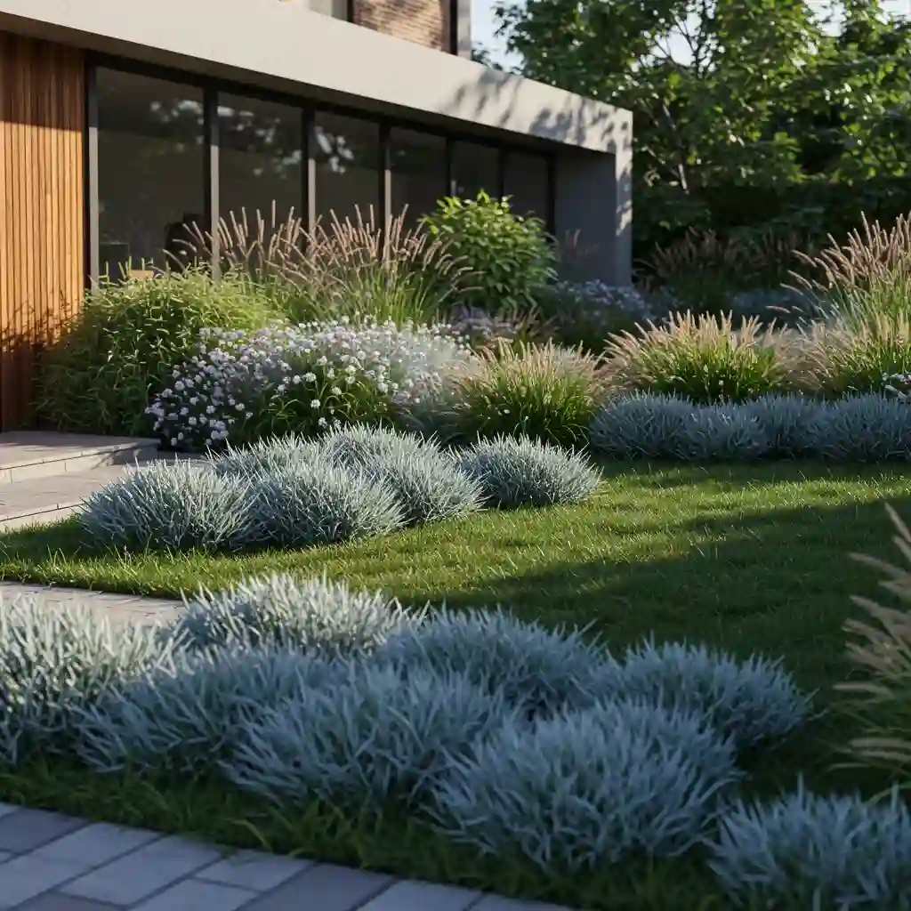 A stunning, low-maintenance, grass-free front yard designed with large masses of different ornamental grasses.