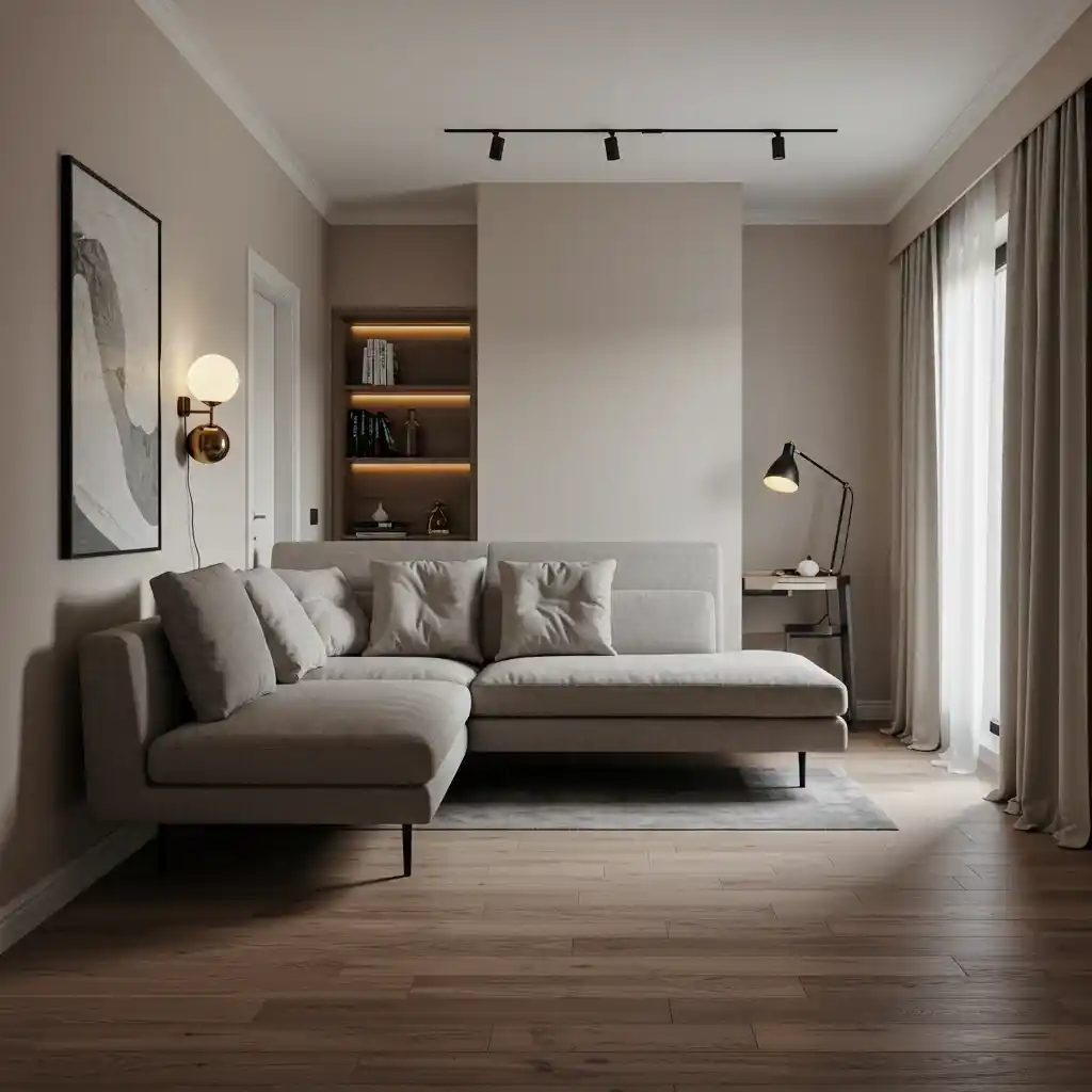 A chaise sectional sofa used as a soft, low room divider in a long, rectangular living room.