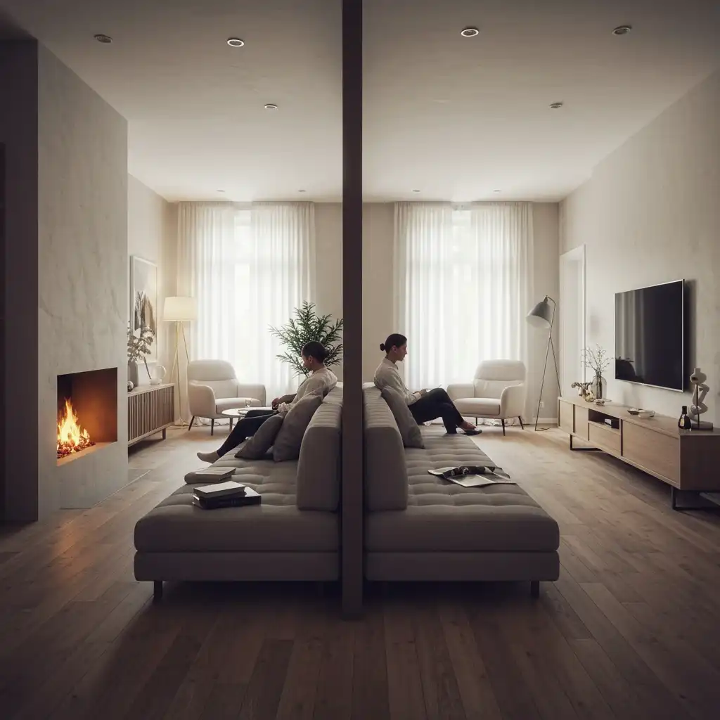 A creative furniture arrangement using a backless sofa as a divider in a long, narrow living room.