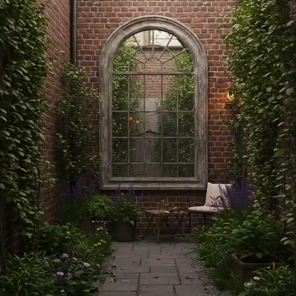 A creative illusion in a small garden, using a large, arched outdoor mirror to make the space look bigger.