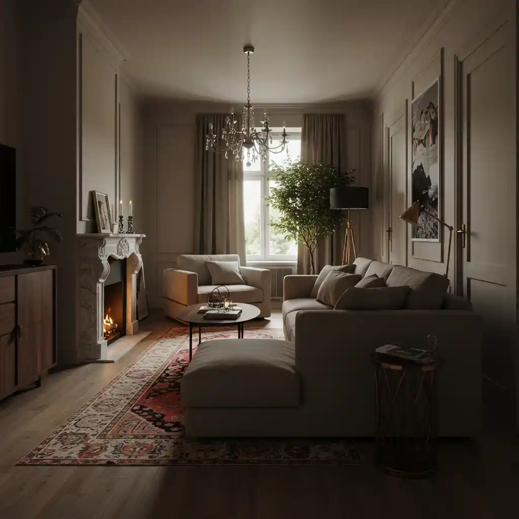 A creative layout for a long room using a slightly angled furniture arrangement to break up the space.