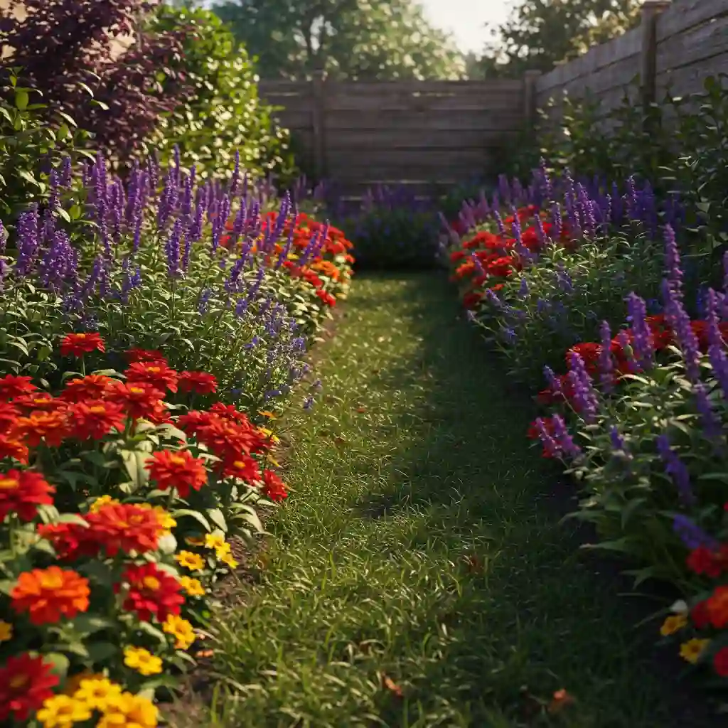 A creative small garden idea using warm colors in the front and cool colors in the back to create an illusion of depth.