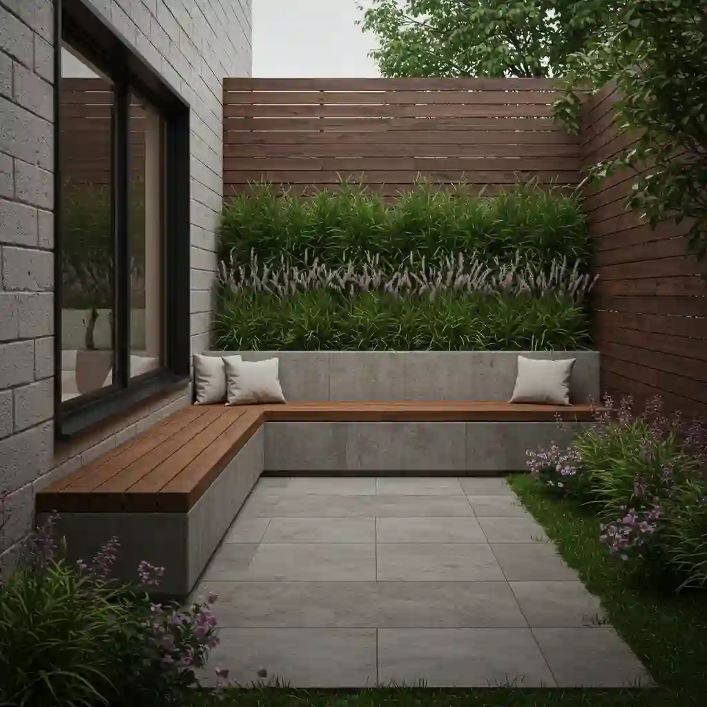 A creative small garden solution showing a built-in concrete bench with an integrated planter to save space.