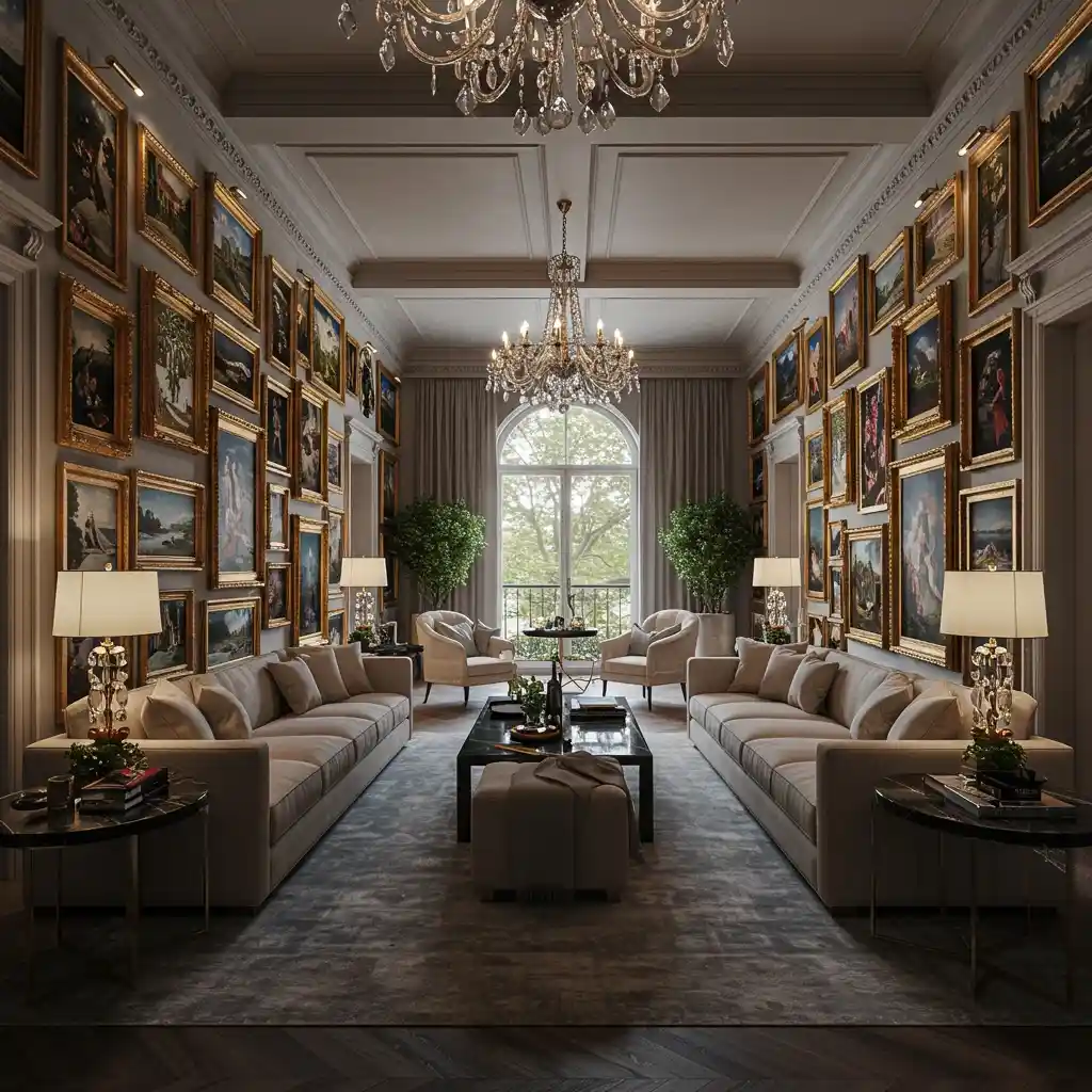 A formal, gallery-style furniture arrangement for a long, rectangular living room with sofas against the long walls.