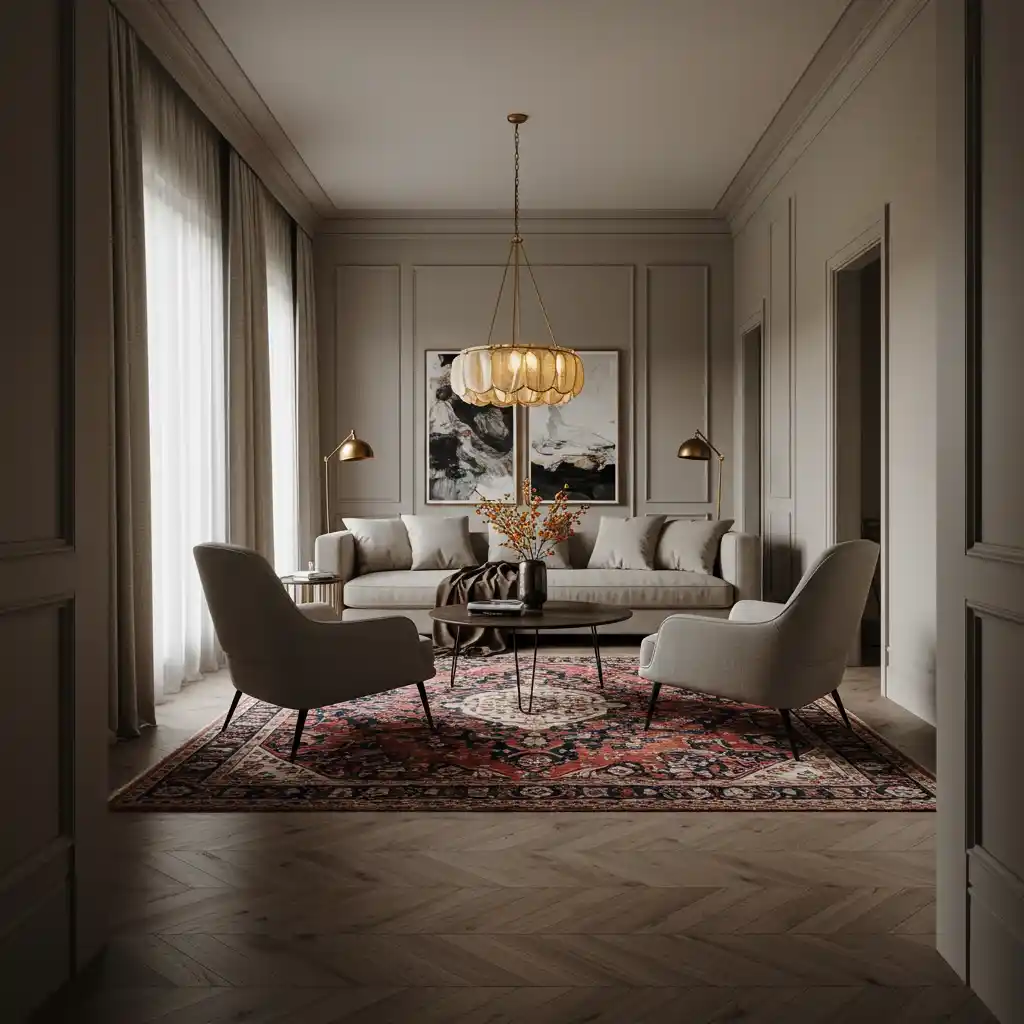 A furniture arrangement for a long room creating a "room within a room" using a large area rug to anchor the space.