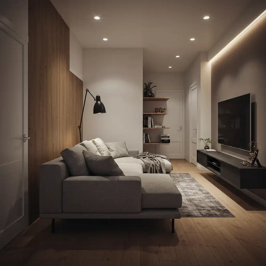 a furniture arrangement for a long room featuring a perpendicular sofa that acts as a room divider.