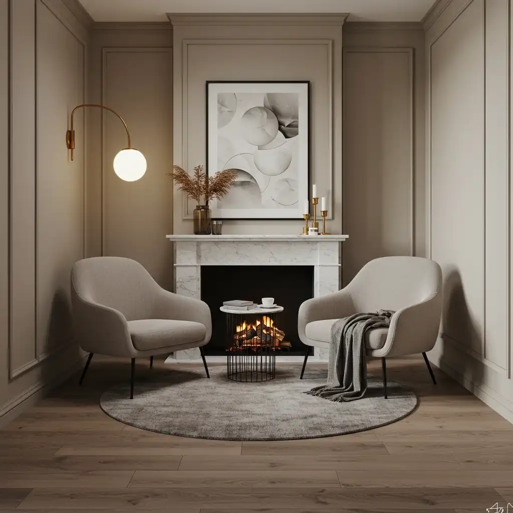 A furniture arrangement for a narrow room featuring a cozy nook with two facing armchairs.