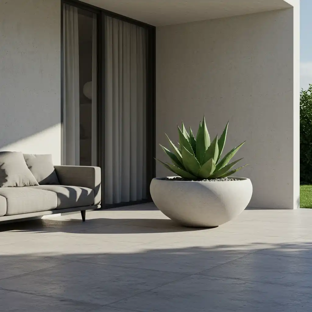 A large, modern, concrete bowl planter with a single agave, used as a sculptural statement piece.