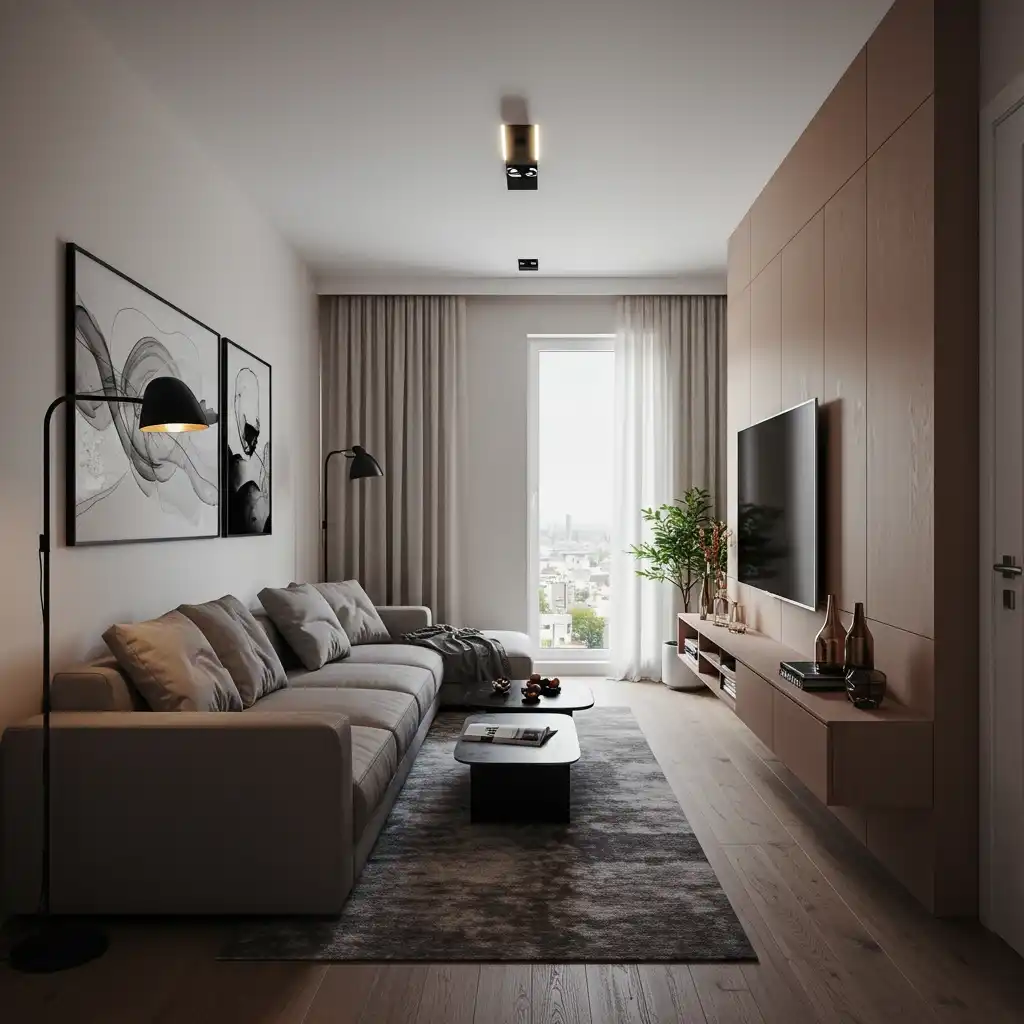 A layout for a very narrow living room using a slim sofa and a wall-mounted console to maximize floor space.