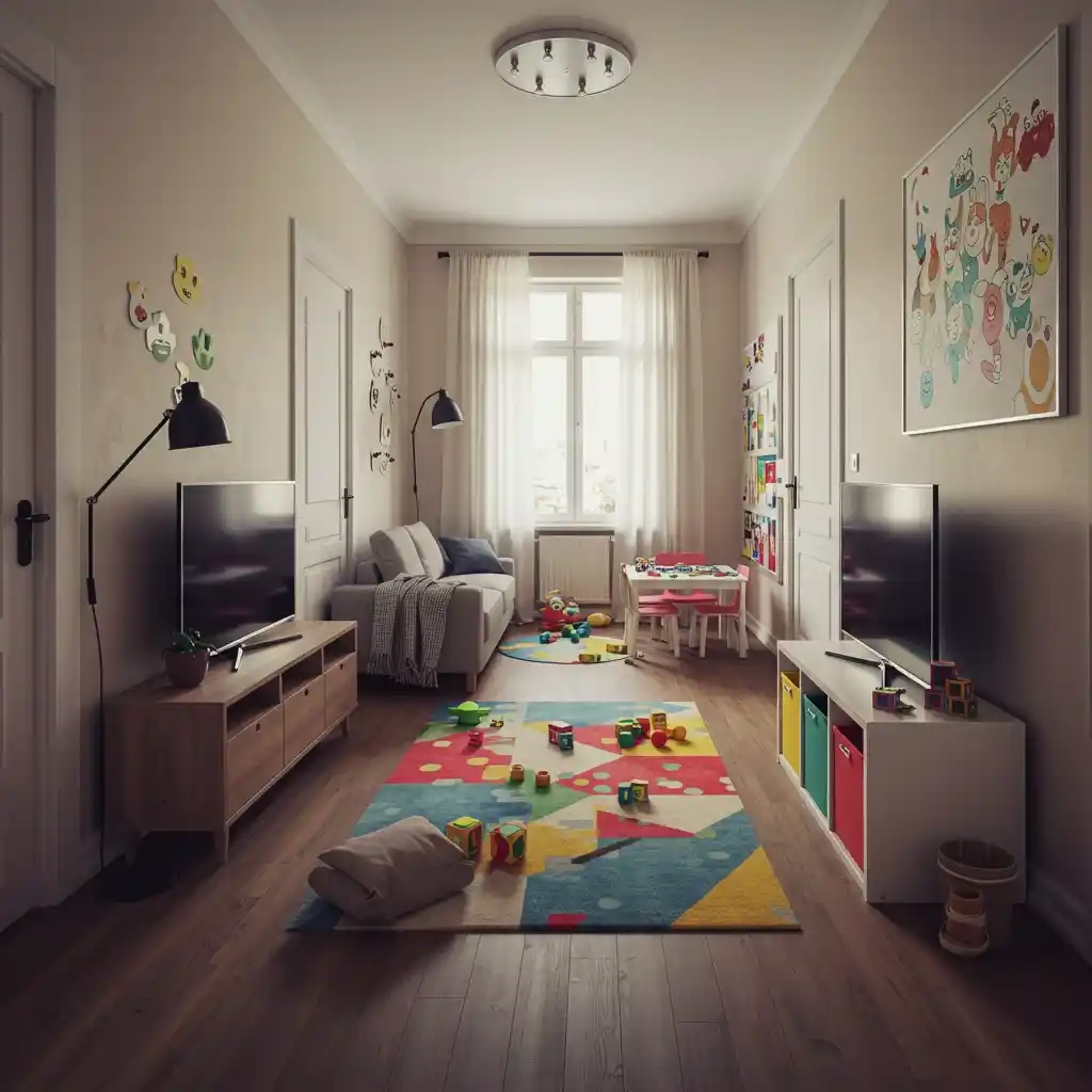 A long living room with a furniture arrangement that creates a separate living zone and a kids' play zone.