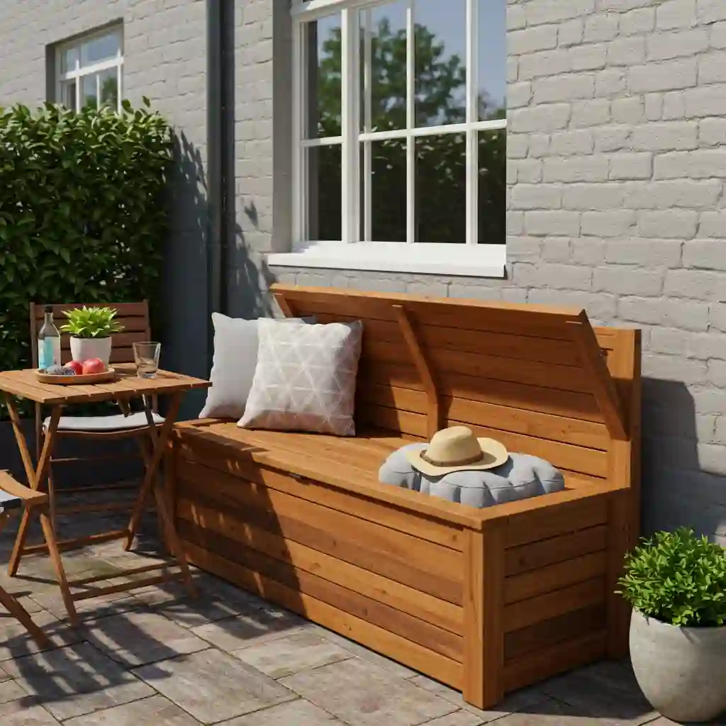 A multi-functional outdoor storage bench providing both seating and hidden storage in a small garden.