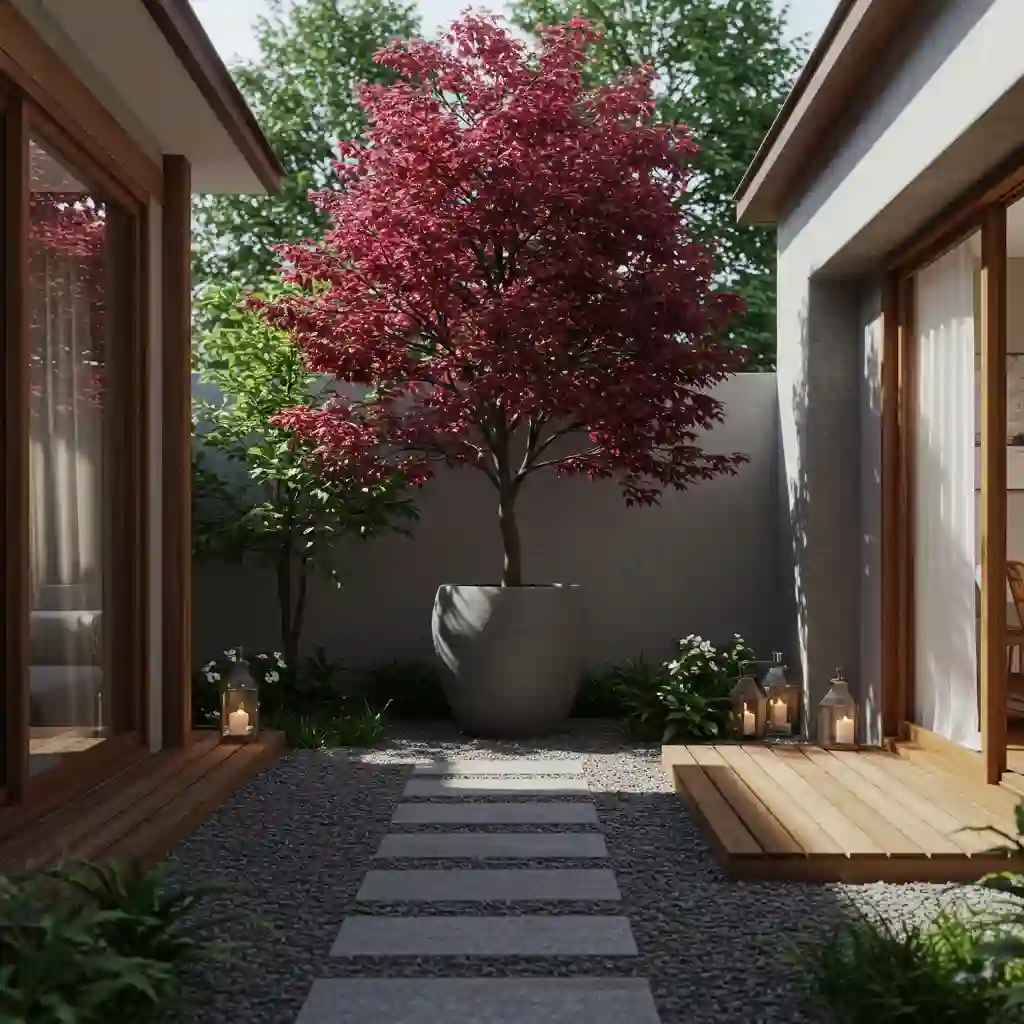 A single, sculptural Japanese Maple tree in a concrete planter serving as the focal point in a small garden.
