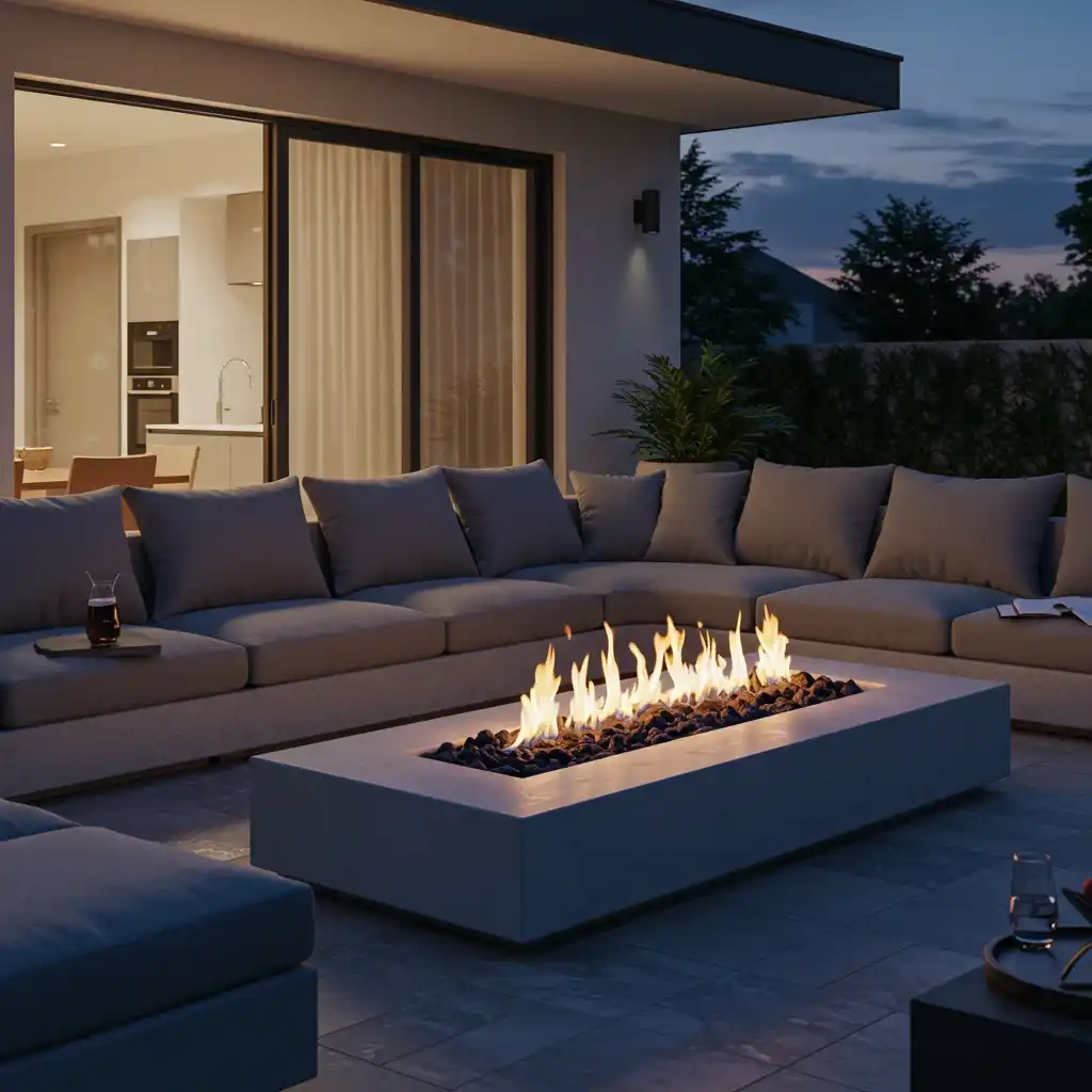 A sleek, modern, rectangular concrete fire pit on a contemporary garden patio.