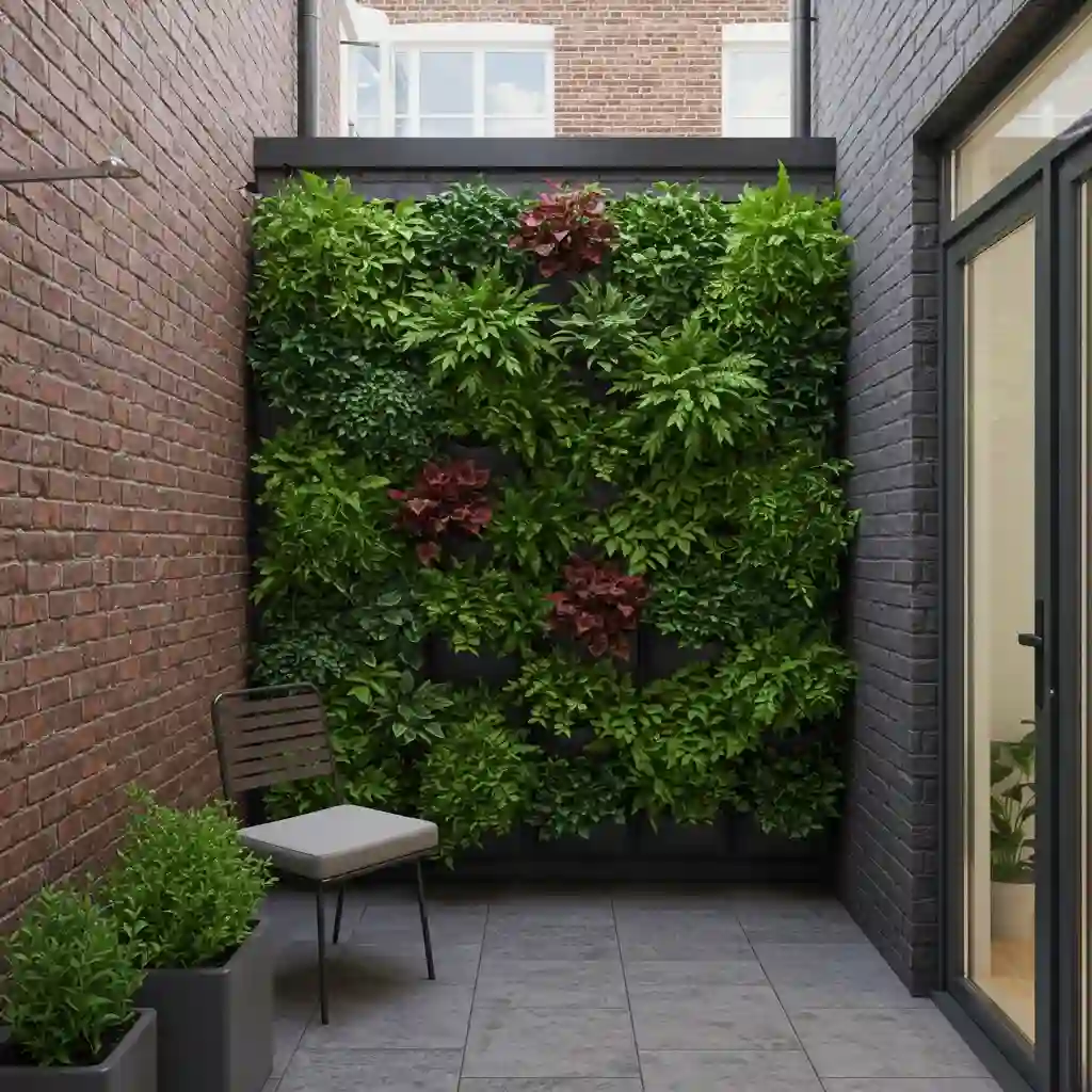 A small garden maximizing space with a lush vertical garden filled with herbs and flowers.