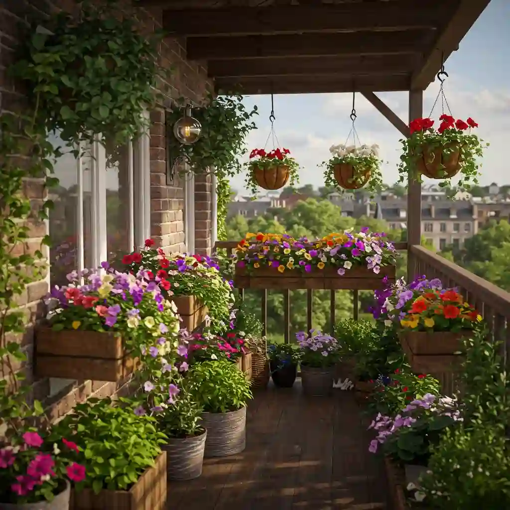 A small garden maximizing space with lush, overflowing hanging baskets and window boxes.