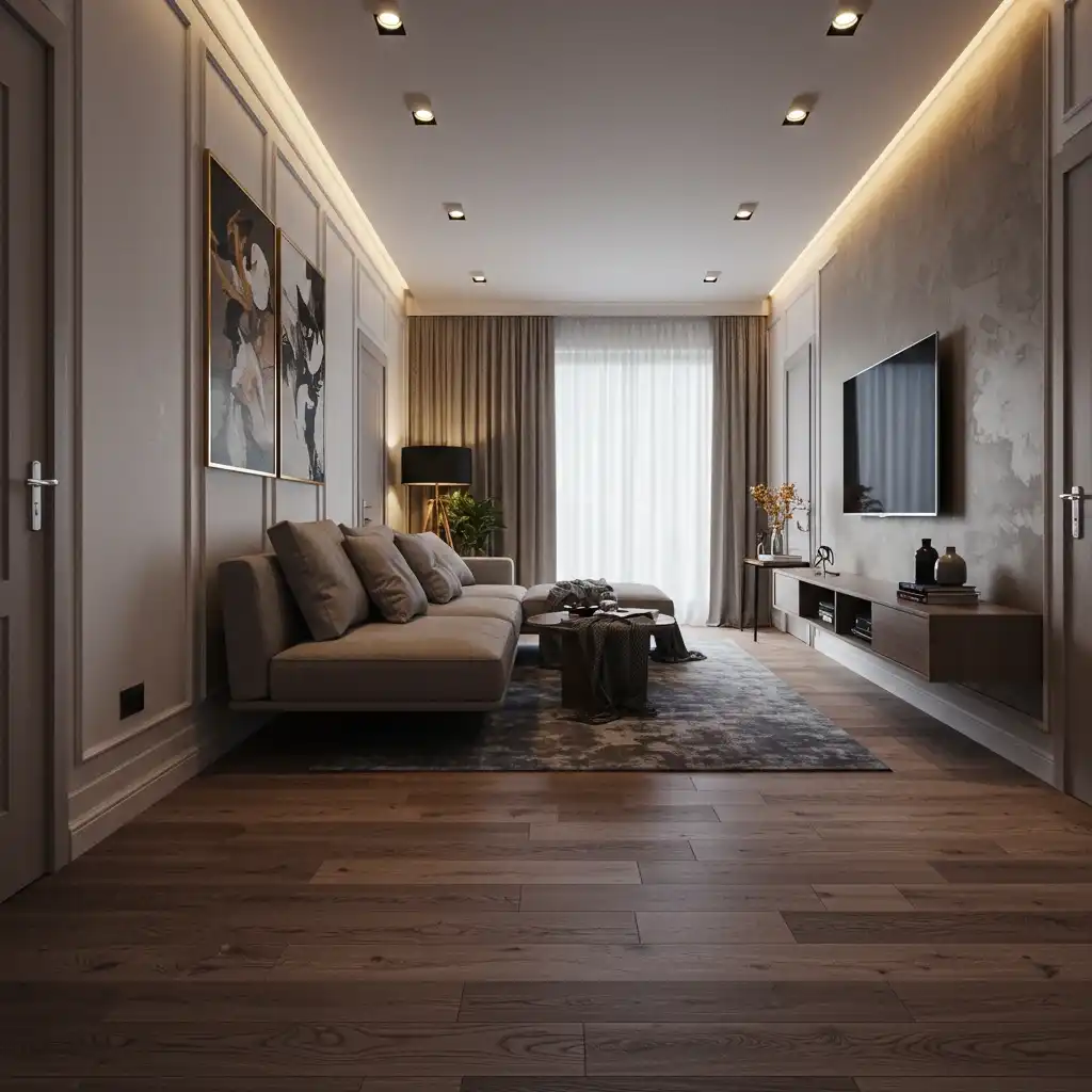 A smart furniture arrangement for a long narrow living room, creating a clear walkway.