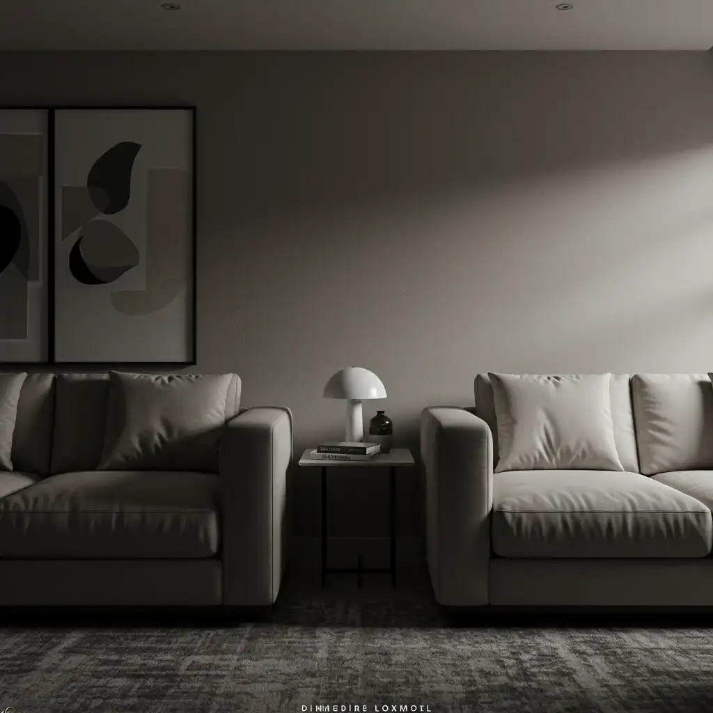 A smart furniture layout for a long room using two matching loveseats in an L-shaped configuration.