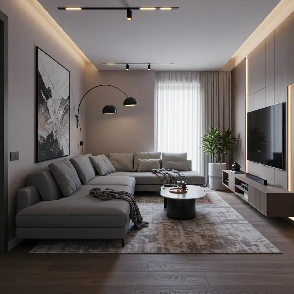 A furniture arrangement featuring a central, floating conversation area to allow traffic flow in a long, narrow room.