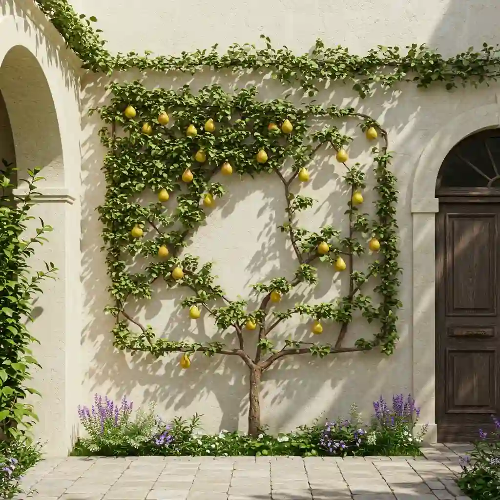 A space-saving espaliered pear tree trained to grow flat against a wall in a small garden.