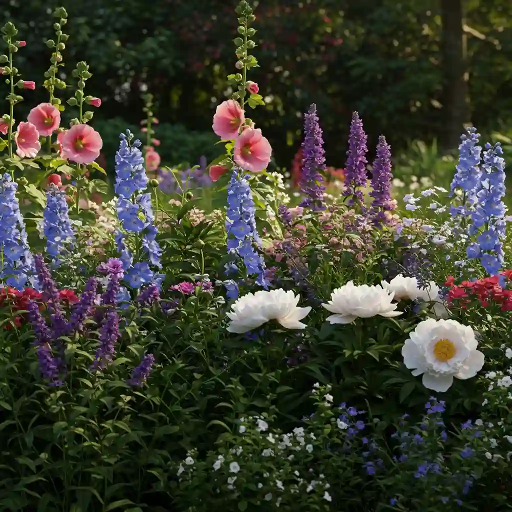 An abundant cottage garden with densely packed flower beds filled with colorful, billowing flowers.