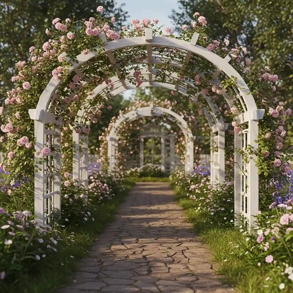 A romantic, white wooden garden arbor covered in beautiful, climbing pink roses in a cottage garden.