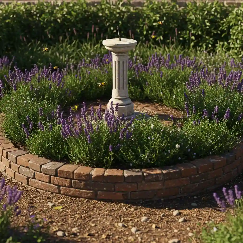 A beautiful and fragrant cottage-style herb garden with lavender, rosemary, and a central sundial.