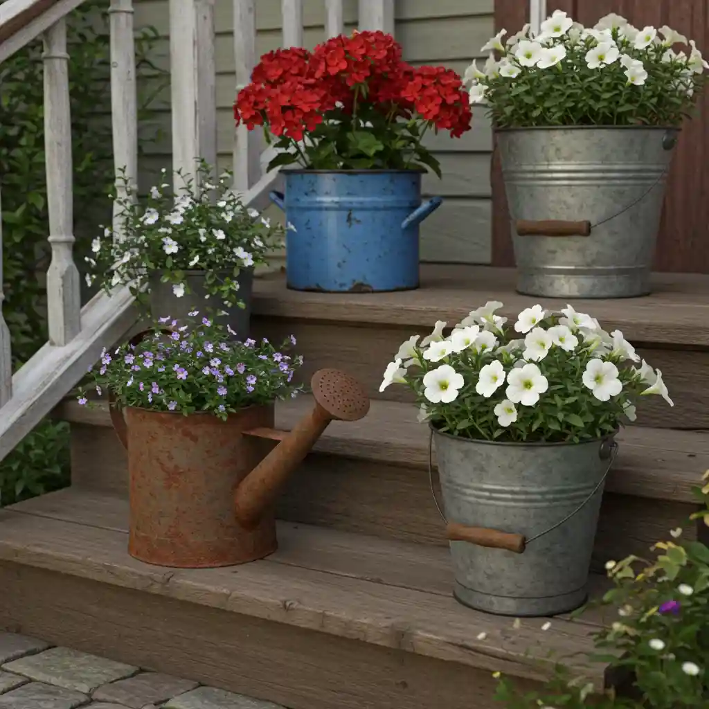 A creative display of vintage and upcycled planters, including an old watering can and a metal bucket, in a cottage garden.