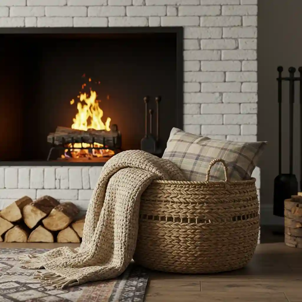 A large woven basket used for cozy storage of blankets and pillows in a charming autumn living room.
