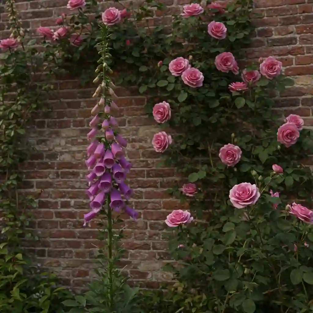 A classic cottage garden scene featuring a pink climbing rose and purple foxgloves.