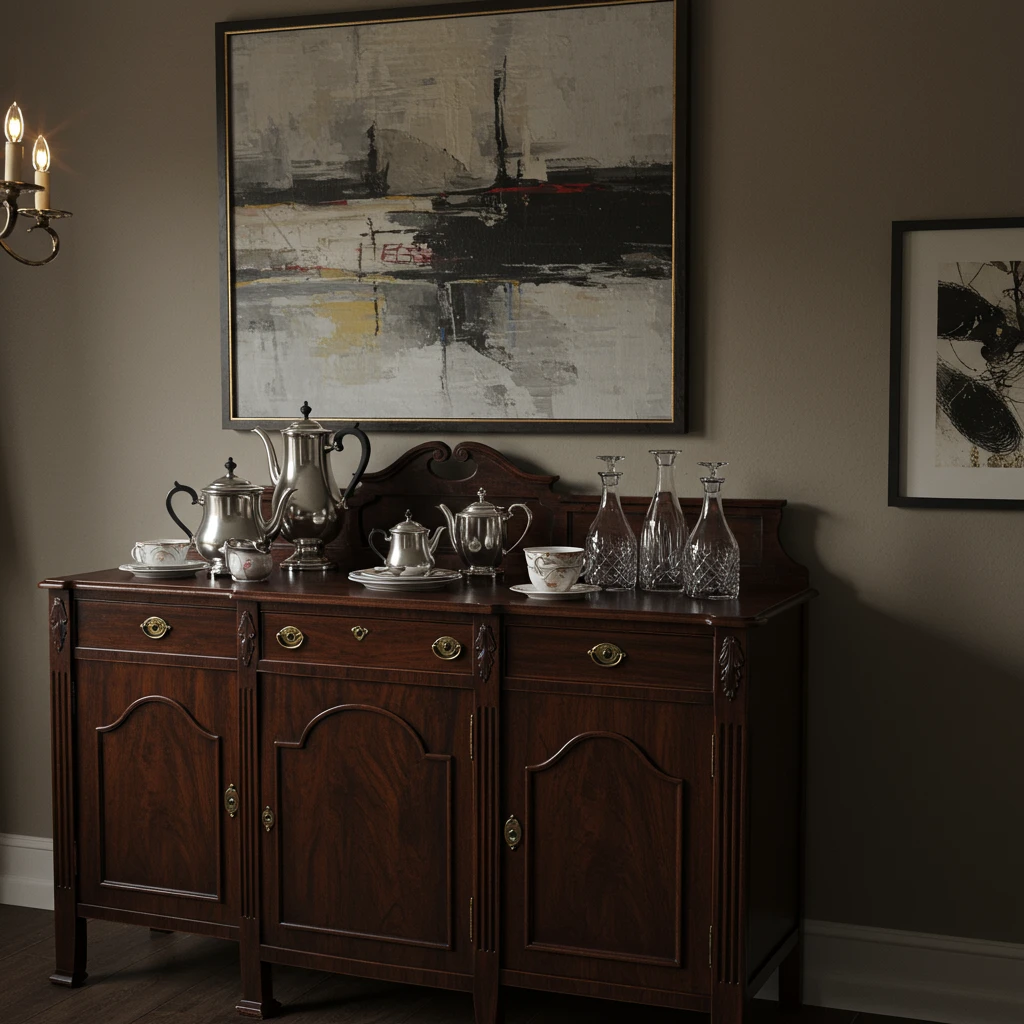 An antique mahogany sideboard displaying a silver tea service, representing the use of heirlooms in Southern decor.