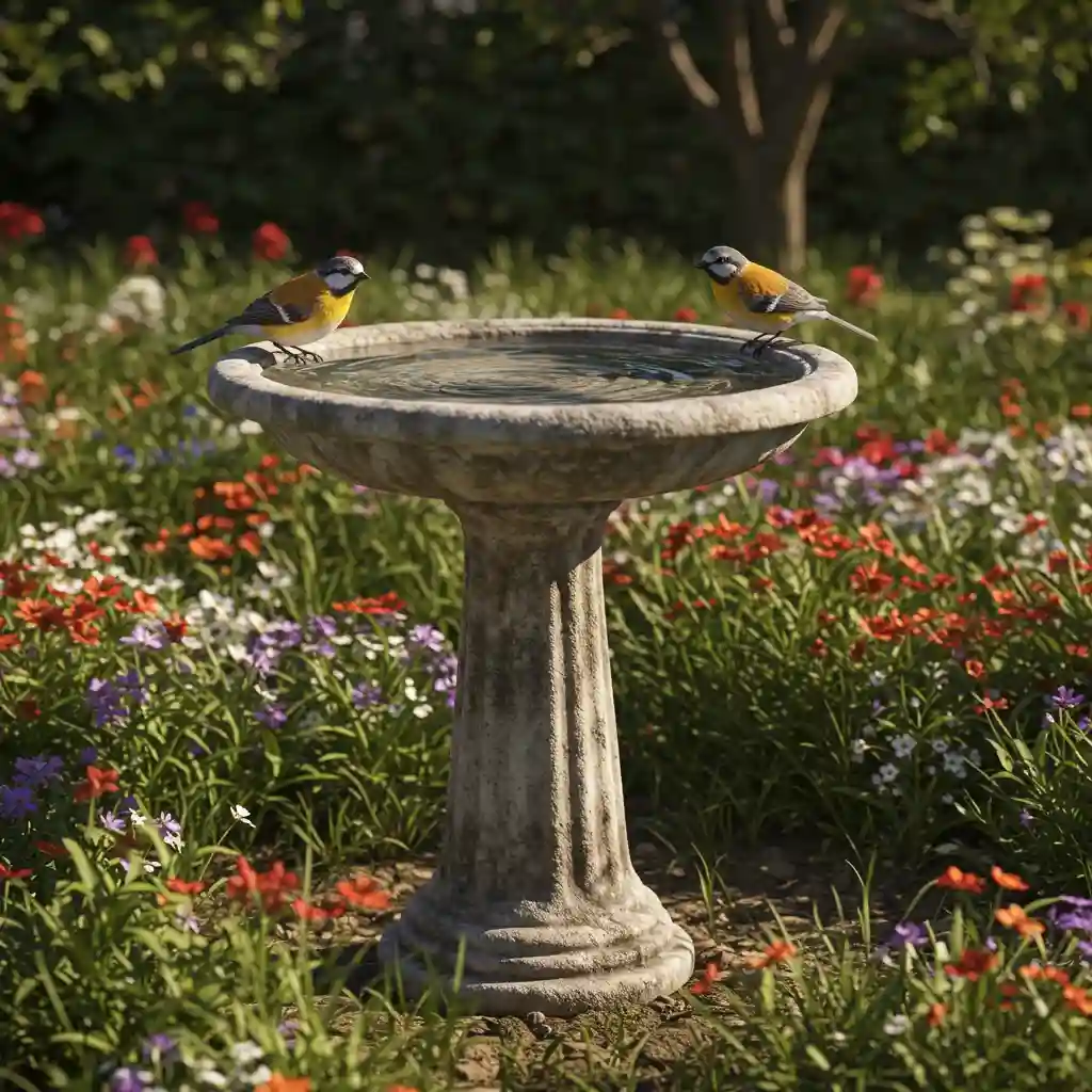 A classic, weathered stone birdbath providing water for birds in an abundant cottage garden.