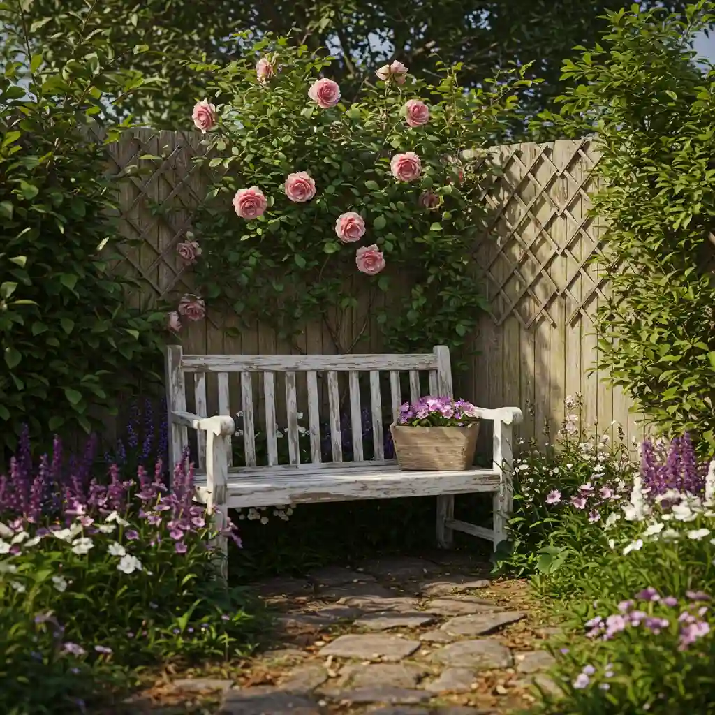 A simple, rustic seating area with a white wooden bench tucked into a cozy corner of a cottage garden.