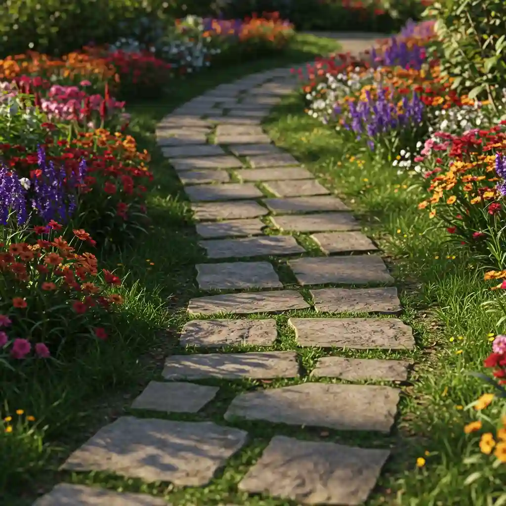 A winding, informal flagstone path with plants growing in the cracks, meandering through a cottage garden.