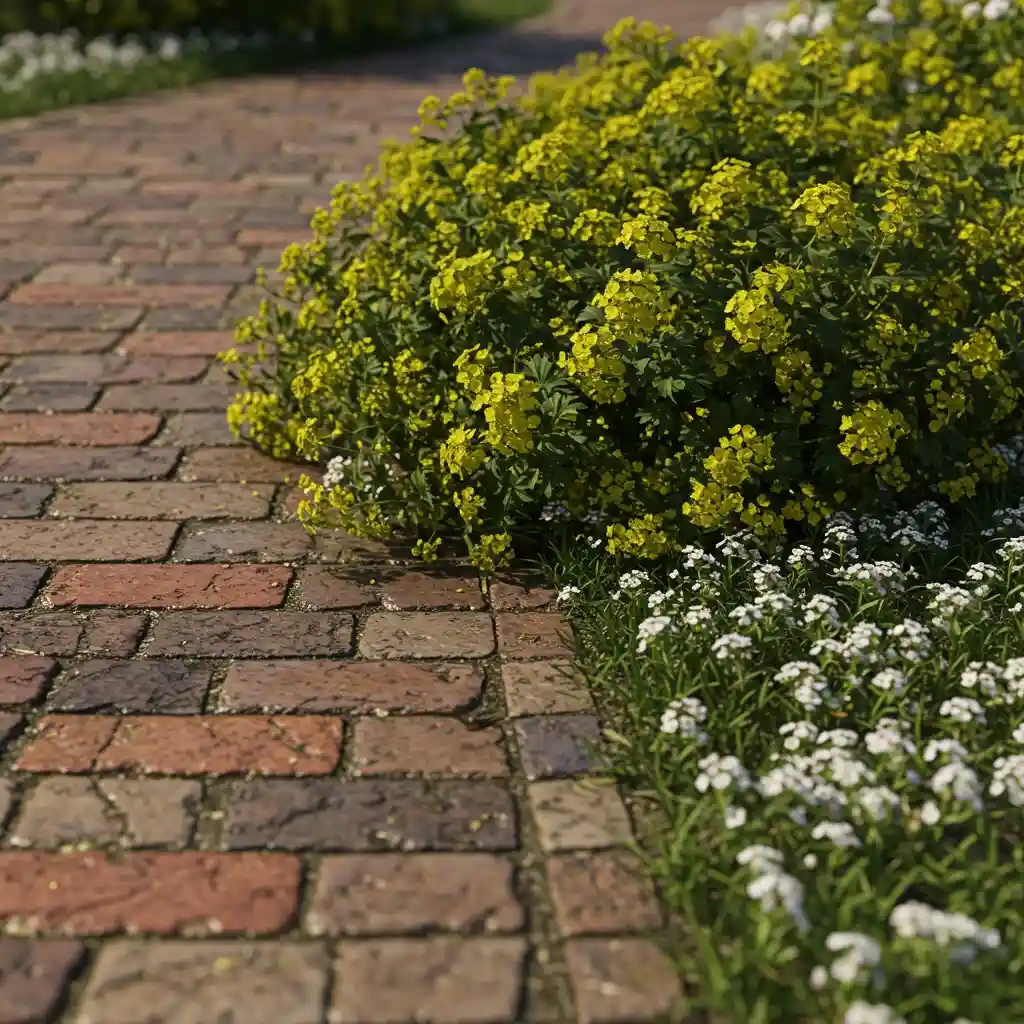 A cottage garden path with soft, spilling plants like Lady's Mantle and Sweet Alyssum cascading over the edges.