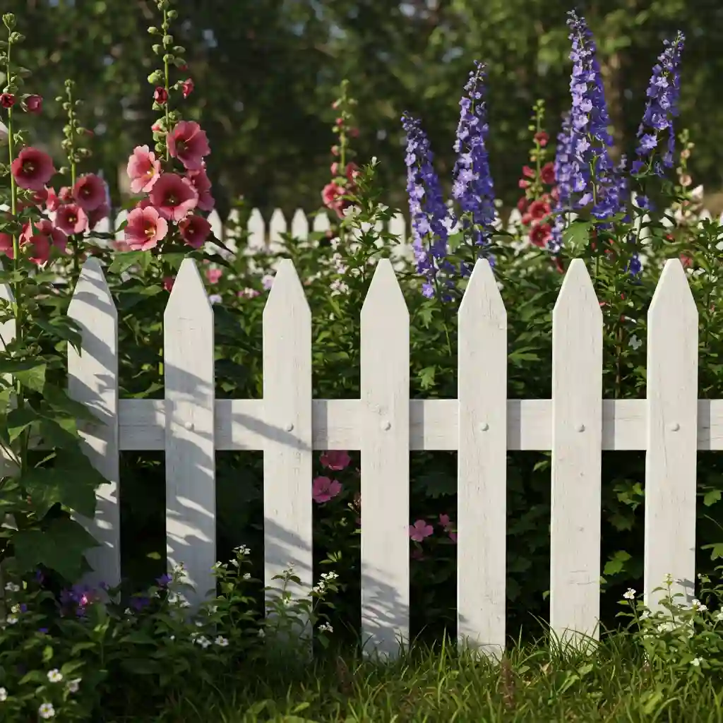 A classic white picket fence enclosing a stunning and abundant cottage garden.