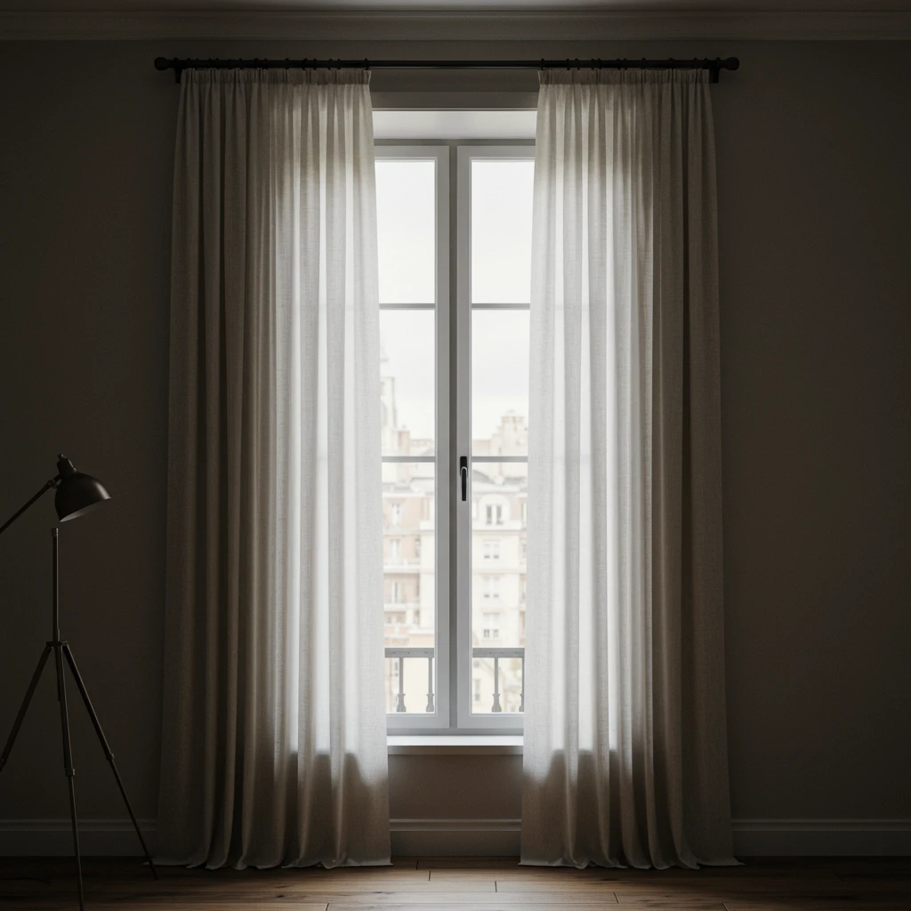 A smart trick for a long apartment: hanging curtains high and wide to make the room feel taller.